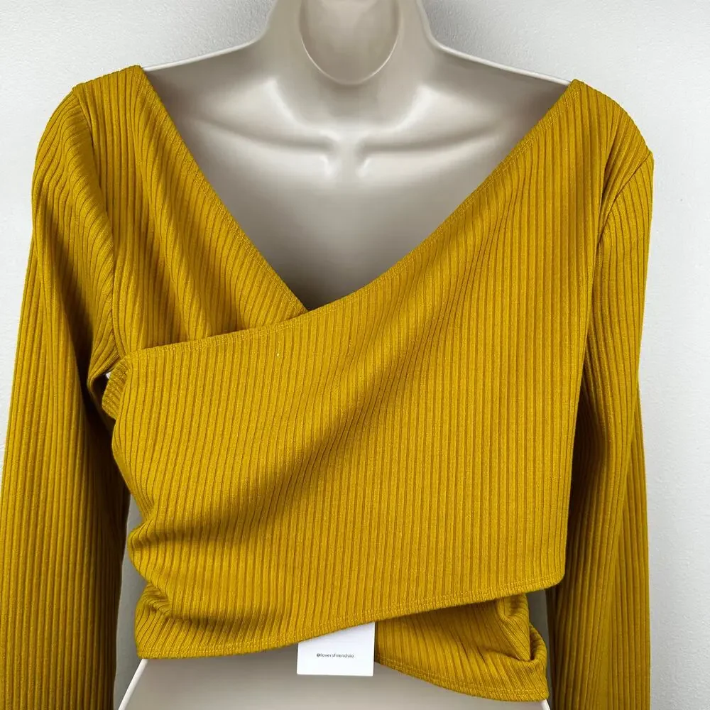 NEW Lovers + Friends Everly Top Ribbed Knit Crop Double V-Neck Mustard Yellow Lg